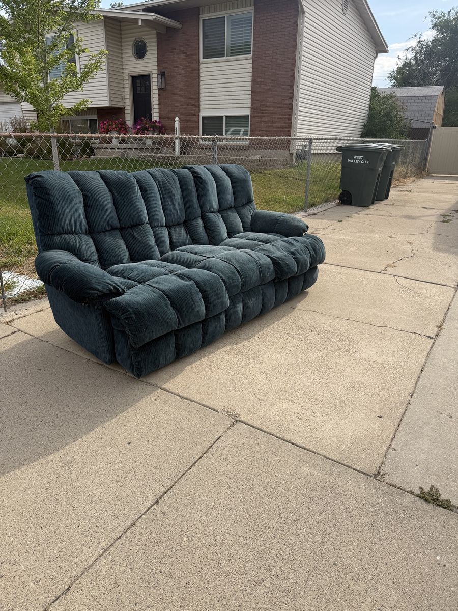 Green Reclining Sofa with Drop-Down Cupholders & Storage Drawer - Gently Used