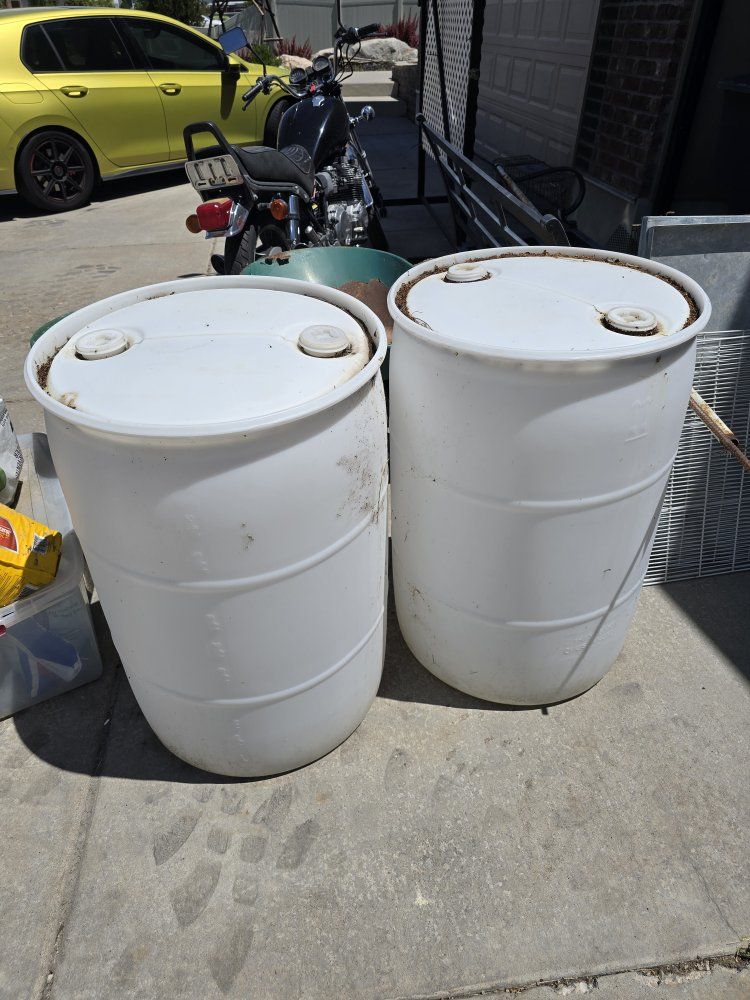 2 White 55-Gallon Plastic Drums - Great for Rain Barrels or Storage - Used Condition