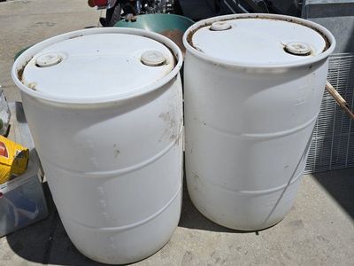 2 White 55-Gallon Plastic Drums - Great for Rain Barrels or Storage - Used Condition