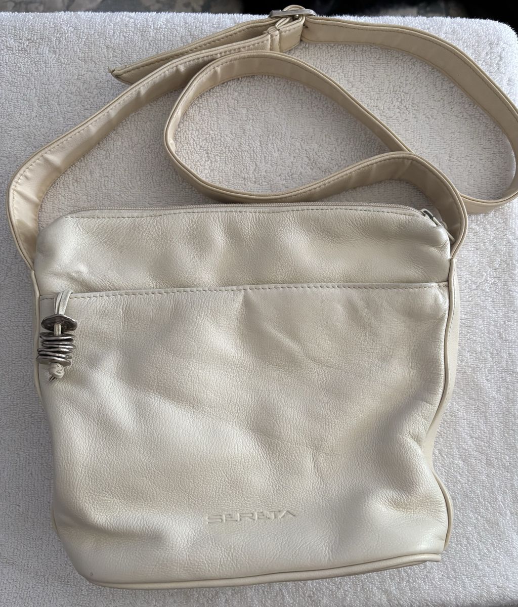 Vintage Sereta Cream Genuine Leather Crossbody Bag - Silver Bead Detail