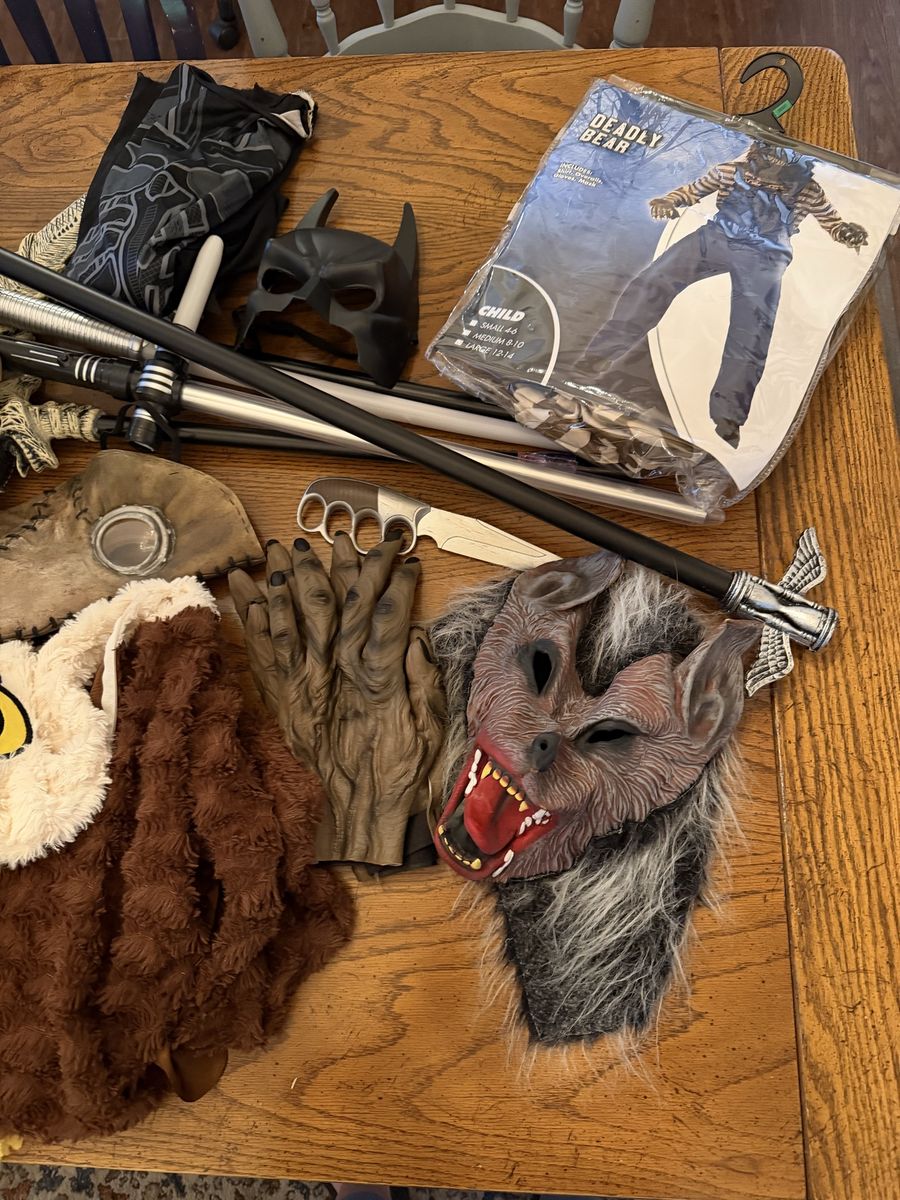 Halloween Costume Lot: Deadly Bear, Ghoul Robe, Black Panther, Werewolf, Eagle, Ghostbusters, Masks & Props