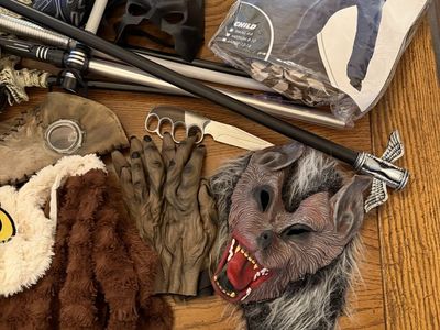 Halloween Costume Lot: Deadly Bear, Ghoul Robe, Black Panther, Werewolf, Eagle, Ghostbusters, Masks & Props