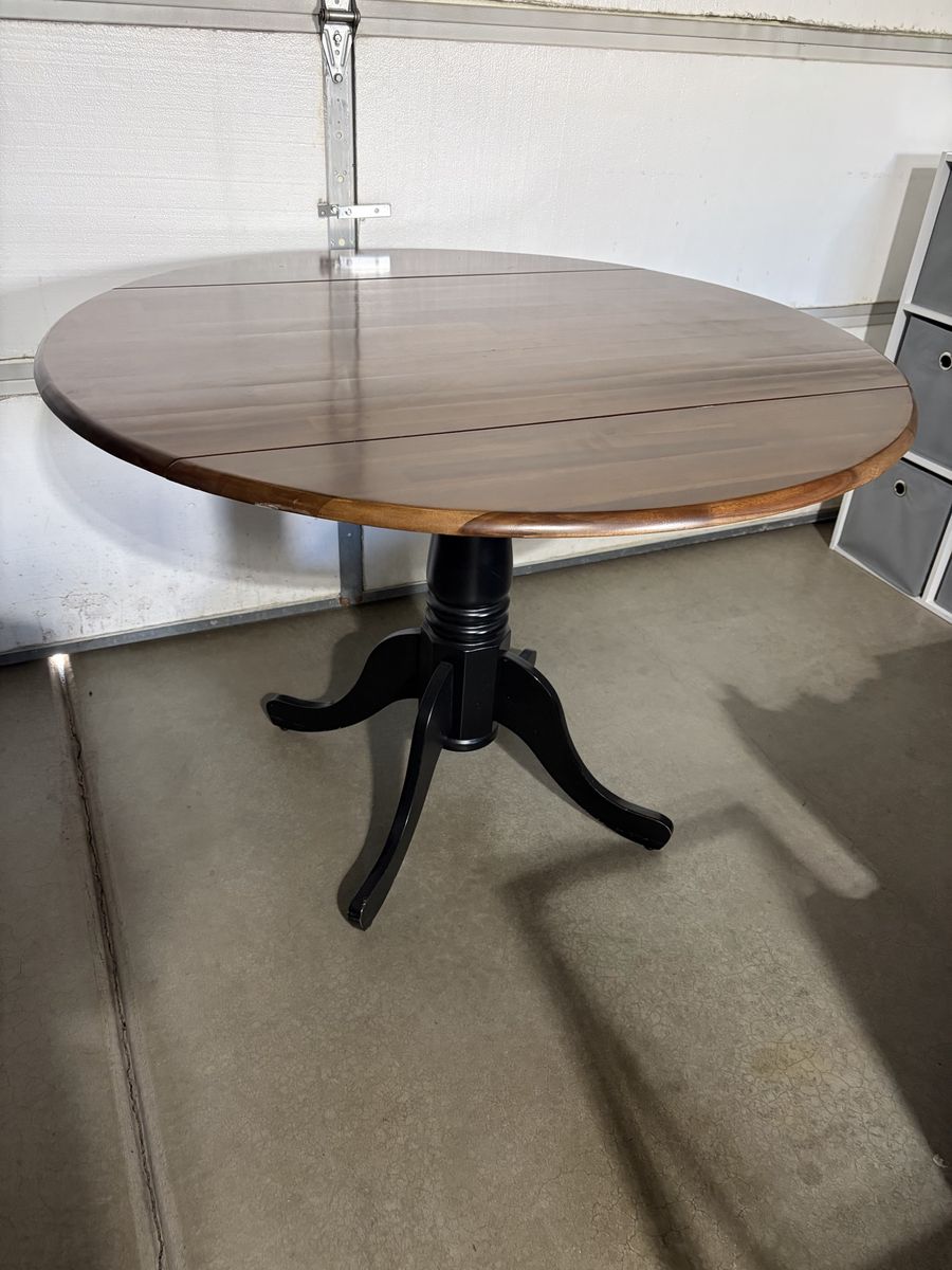Round Solid Wood Drop Leaf Dining Table with Black Pedestal Base