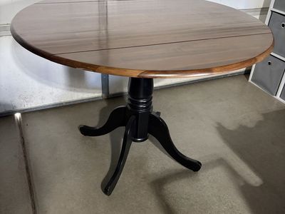 Round Solid Wood Drop Leaf Dining Table with Black Pedestal Base