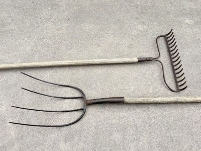 Antique pitchfork, rake. Great Halloween decorations. 4 time hay pitchfork. Wooden steel farming