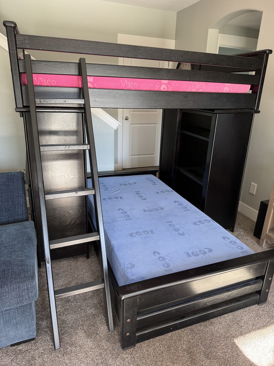All-in-One Full-over-Twin Bunk Bed with Desk, Wardrobe & Storage