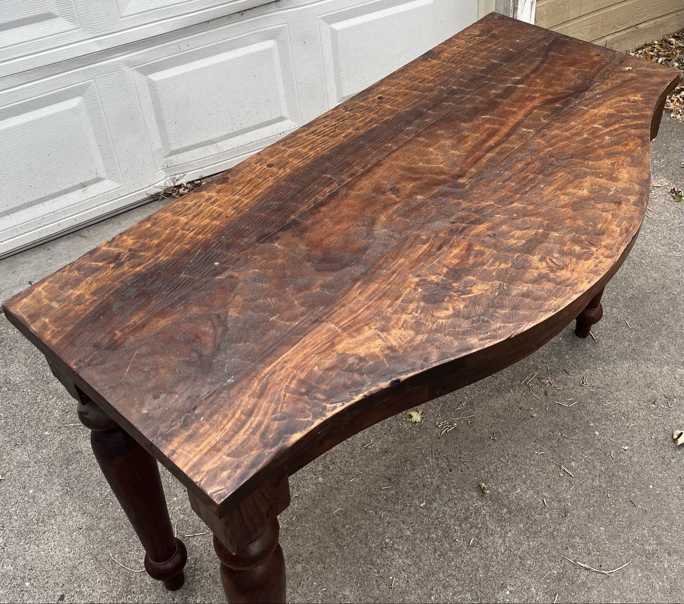 Rustic Hand-Carved Wooden Console Table with Turned Legs