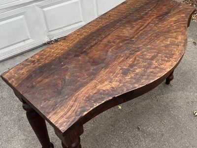 Rustic Hand-Carved Wooden Console Table with Turned Legs