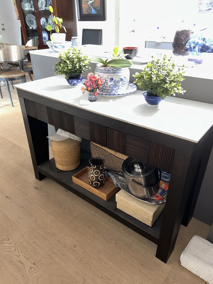 Modern Dark Wood Console Table with Light Top and Lower Shelf
