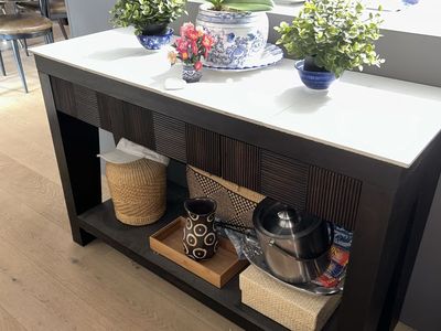 Modern Dark Wood Console Table with Light Top and Lower Shelf