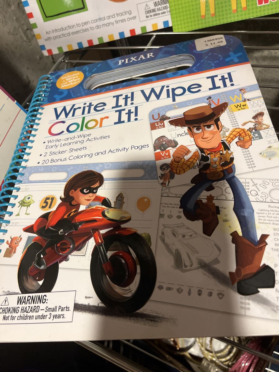 Pixar Write It! Wipe It! Color It! Early Learning Activity Book - 20 Pages, 2 Sticker Sheets, Marker
