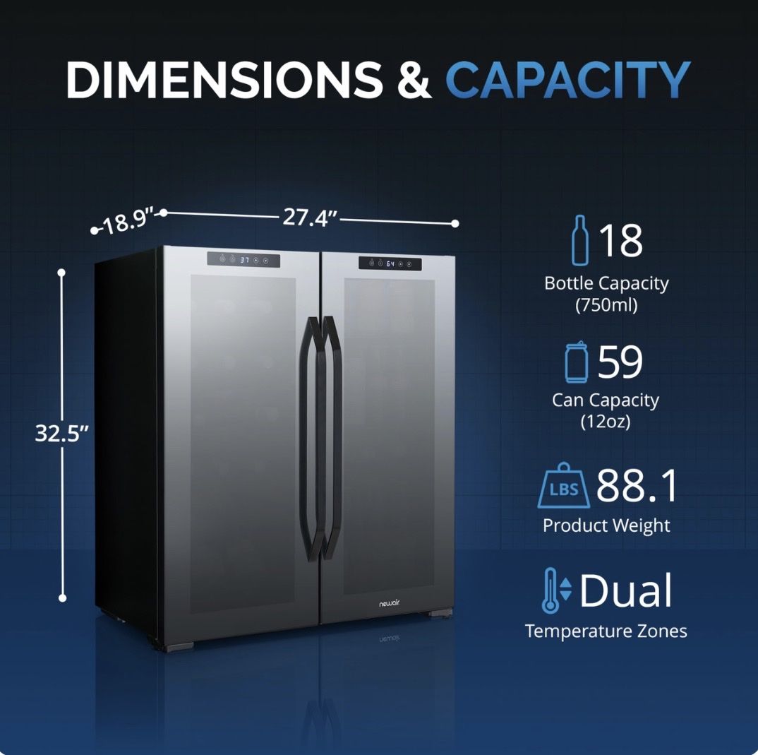 Brand New! Newair French Door 18 Bottle 59 Can Dual Zone Wine and Beverage Cooler ABR-1850D