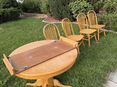 Vintage Wooden Pedestal Dining Table with Leaf and 4 Spindle Back Chairs