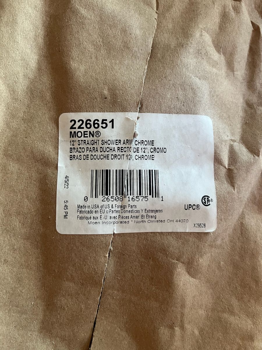 Moen 226651 12" Straight Shower Arm, Chrome Finish, New In Package