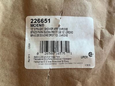 Moen 226651 12" Straight Shower Arm, Chrome Finish, New In Package