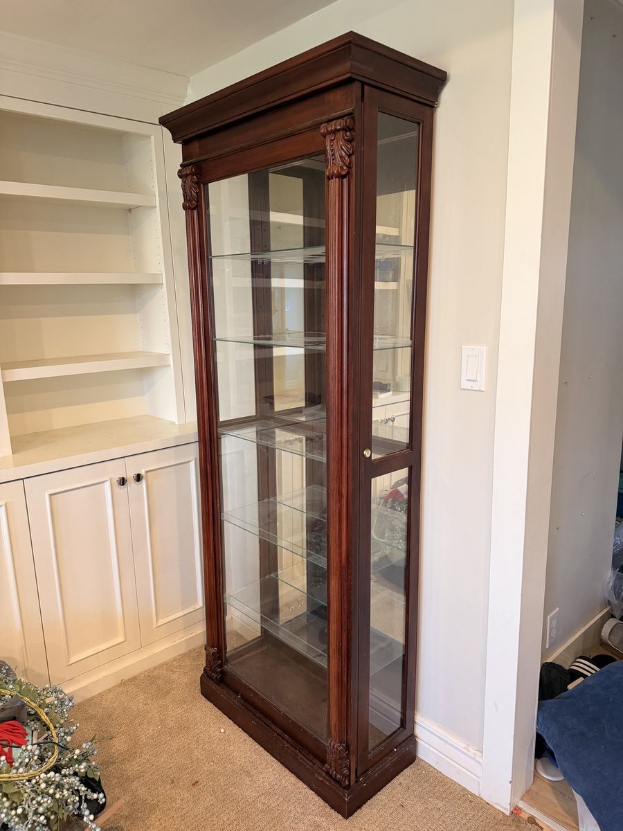 Ornate Dark Wood Display Curio Cabinet with Glass Shelves & Locking Door - Excellent Condition