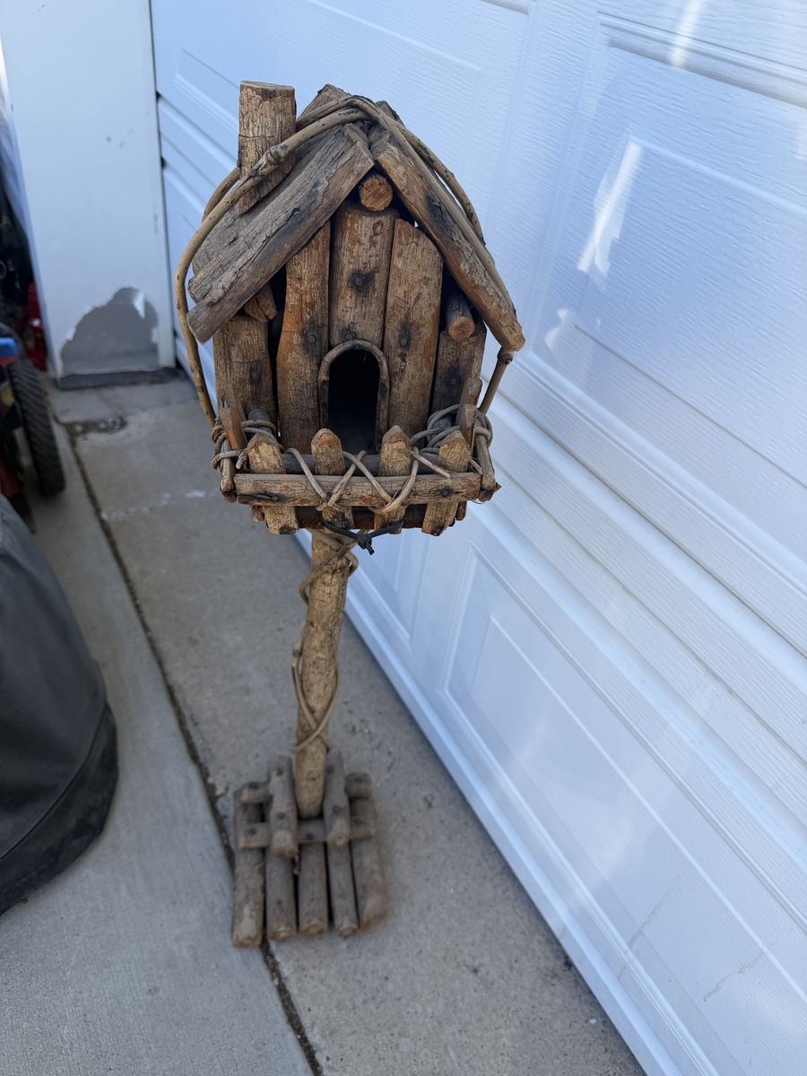 Rustic Wooden Birdhouse on Stand - Unique Decorative Yard Art
