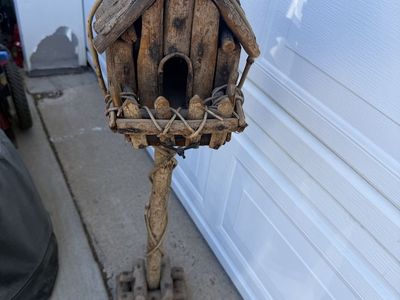Rustic Wooden Birdhouse on Stand - Unique Decorative Yard Art