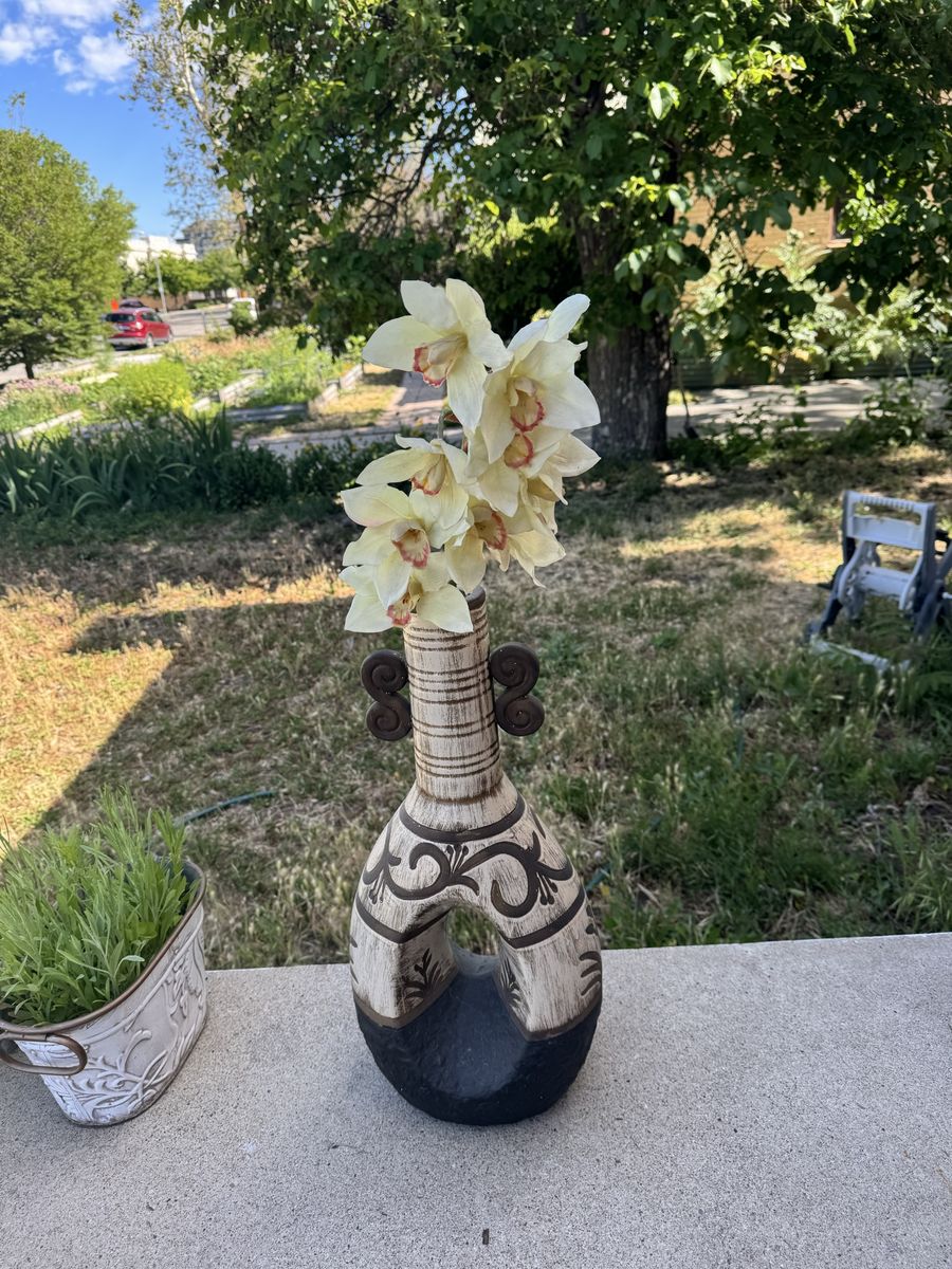 Decorate ceramic vase with a Southwest or boho-style design, 24” tall.