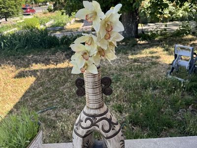 Decorate ceramic vase with a Southwest or boho-style design, 24” tall.