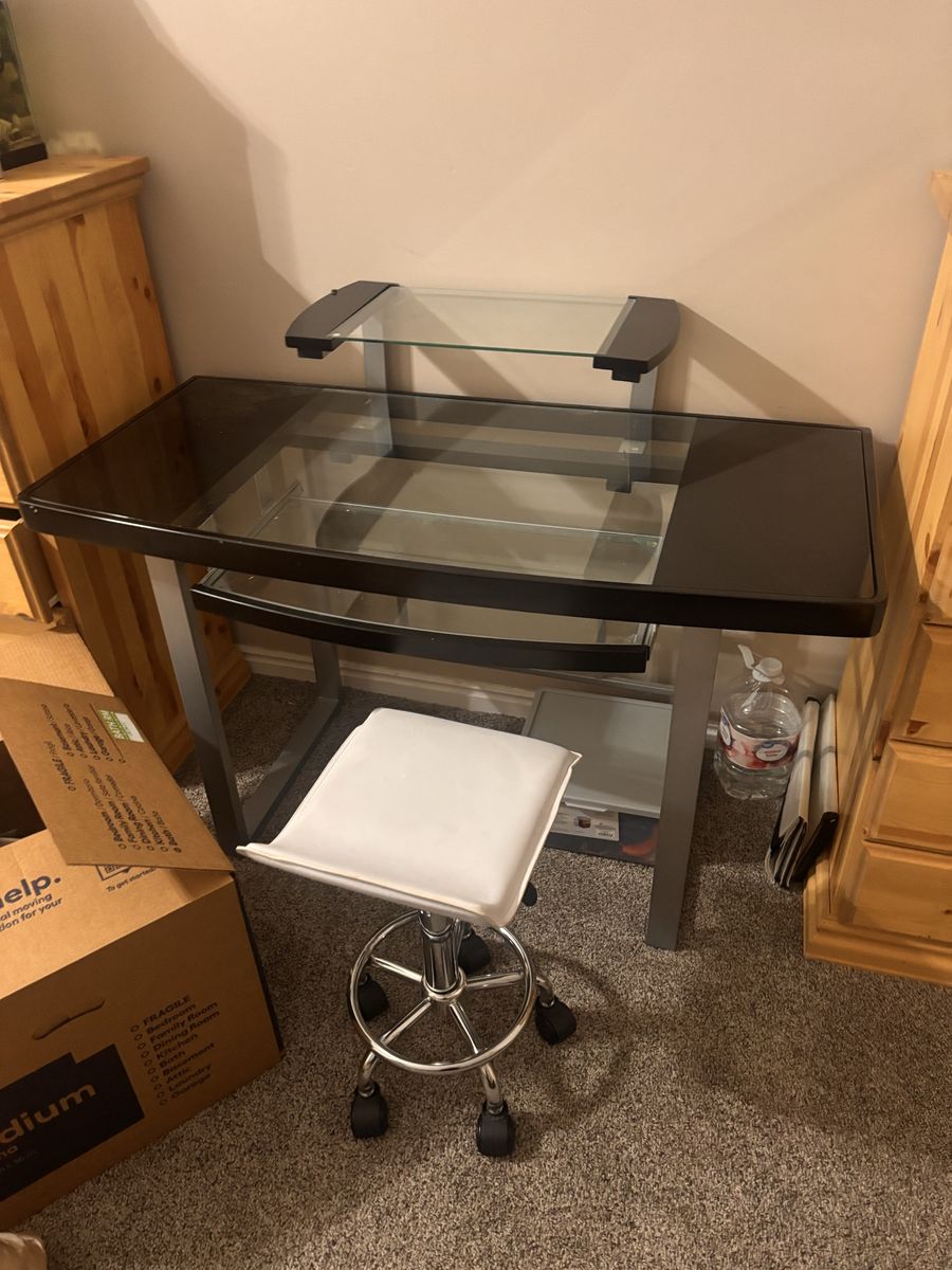 Modern Glass Top Computer Desk with Hutch and Rolling Stool