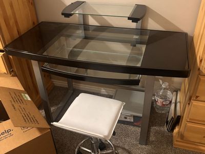 Modern Glass Top Computer Desk with Hutch and Rolling Stool
