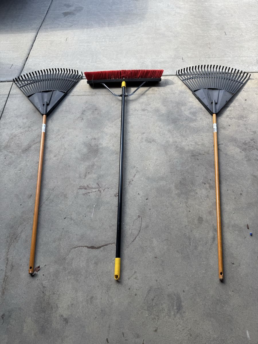 Set of 3 Yard Tools - 2 Plastic Leaf Rakes with Wooden Handles and 1 Heavy-Duty Push Broom