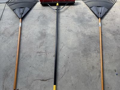 Set of 3 Yard Tools - 2 Plastic Leaf Rakes with Wooden Handles and 1 Heavy-Duty Push Broom