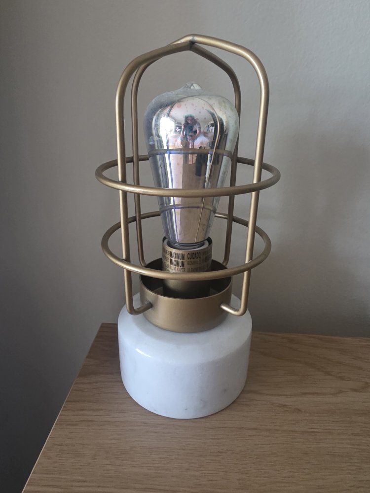 Modern Industrial Brass Wire Cage Table Lamp with Marble Base & Fireworks Light Bulb
