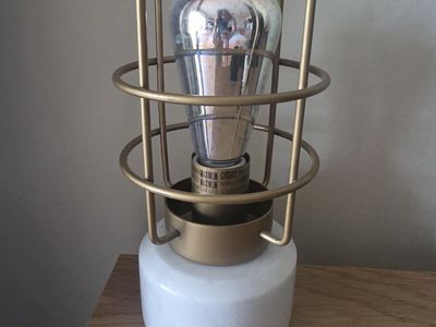 Modern Industrial Brass Wire Cage Table Lamp with Marble Base & Fireworks Light Bulb