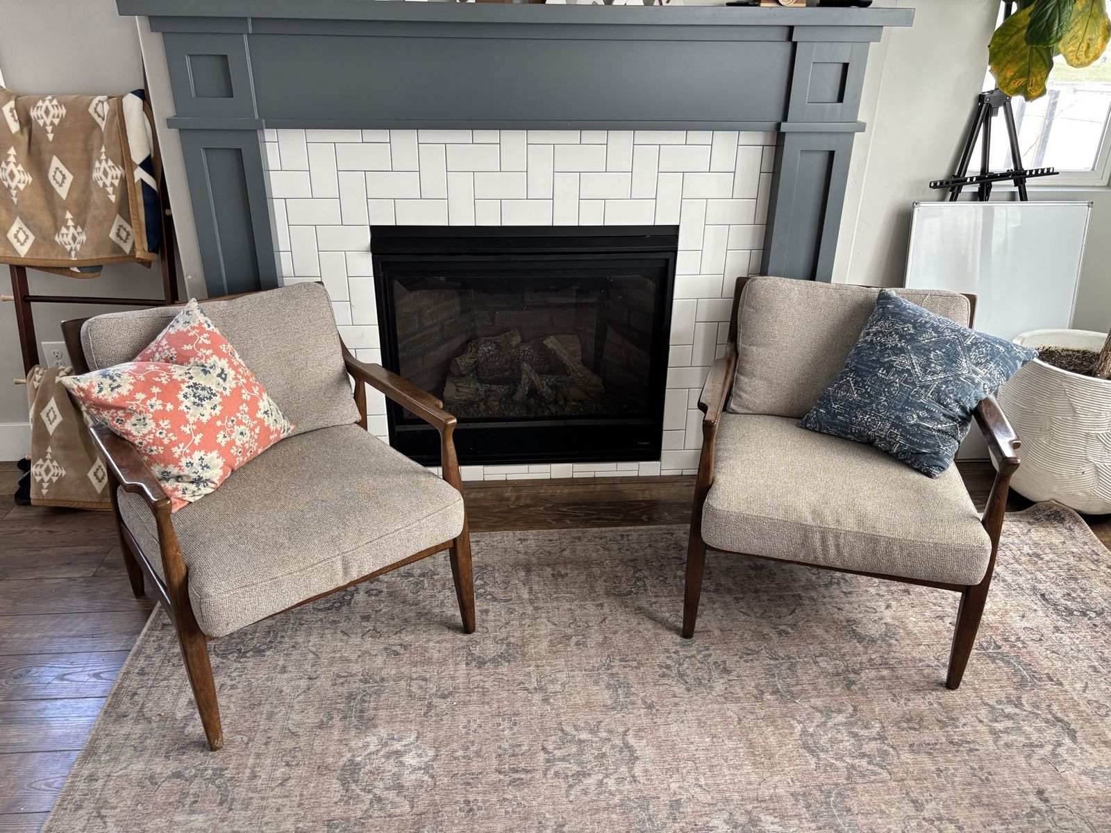 Two chairs grey and brown wood