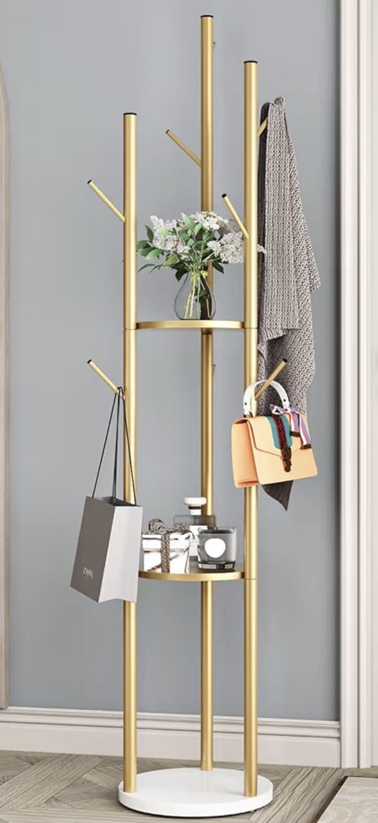 Modern Gold Metal Coat Rack Stand with Storage Shelves - 64.1in Tall