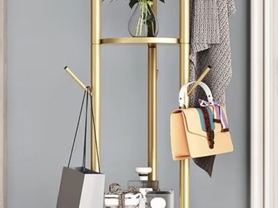 Modern Gold Metal Coat Rack Stand with Storage Shelves - 64.1in Tall