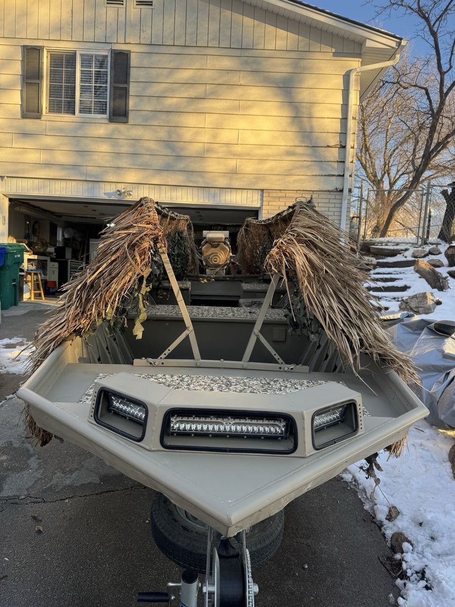 Custom Aluminum Jon Boat Duck Blind Setup with Outboard Motor, Front LED Light Bars, and Trailer