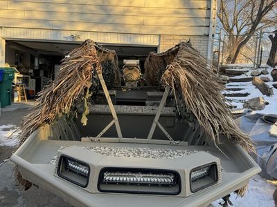 Custom Aluminum Jon Boat Duck Blind Setup with Outboard Motor, Front LED Light Bars, and Trailer
