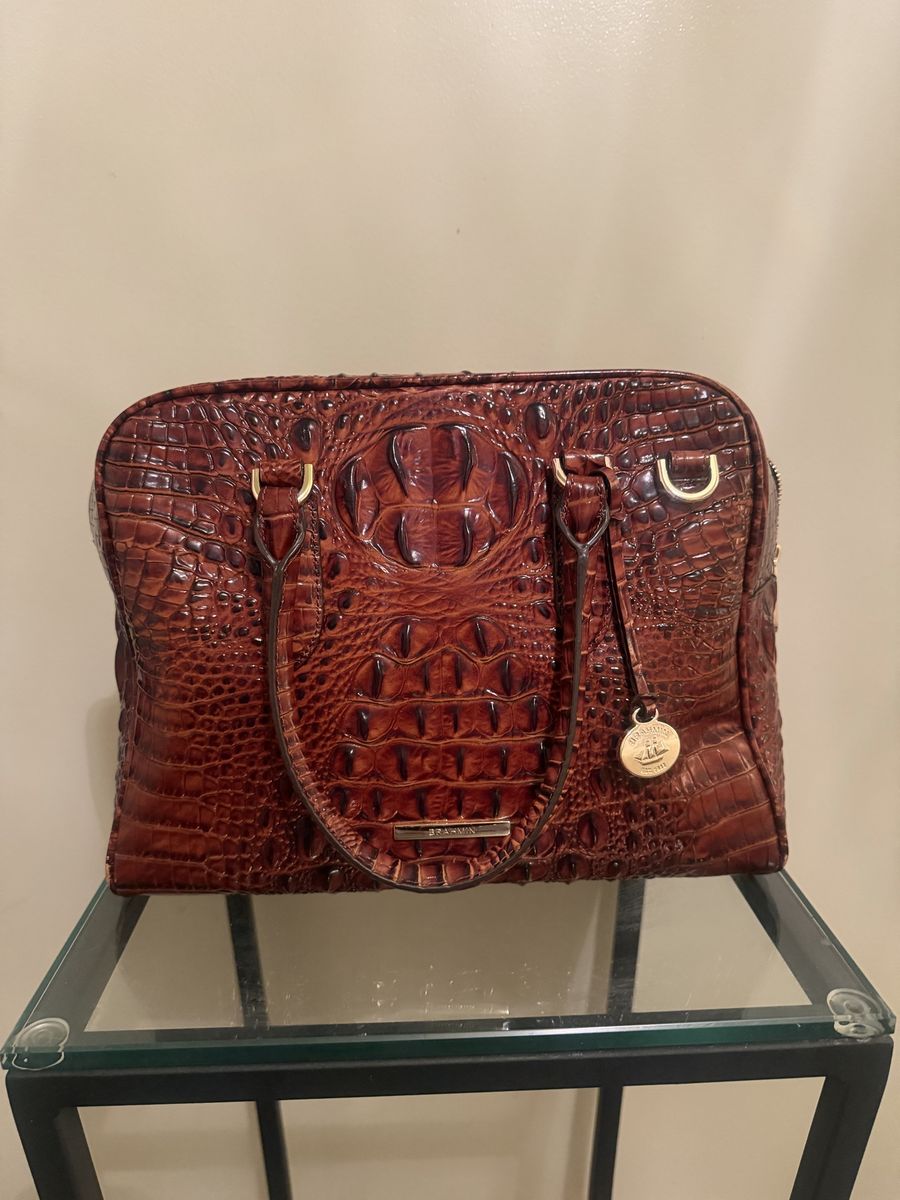 Brahmin Pecan Croc-Embossed Leather Satchel Bag with Shoulder Strap and Wallet
