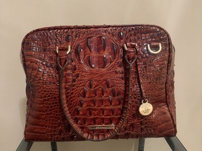 Brahmin Pecan Croc-Embossed Leather Satchel Bag with Shoulder Strap and Wallet