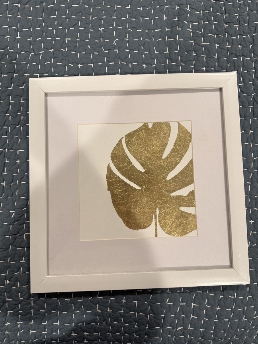 White Framed Gold Monstera Leaf Art Print 12x12 Inches