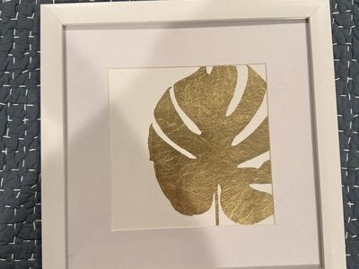 White Framed Gold Monstera Leaf Art Print 12x12 Inches