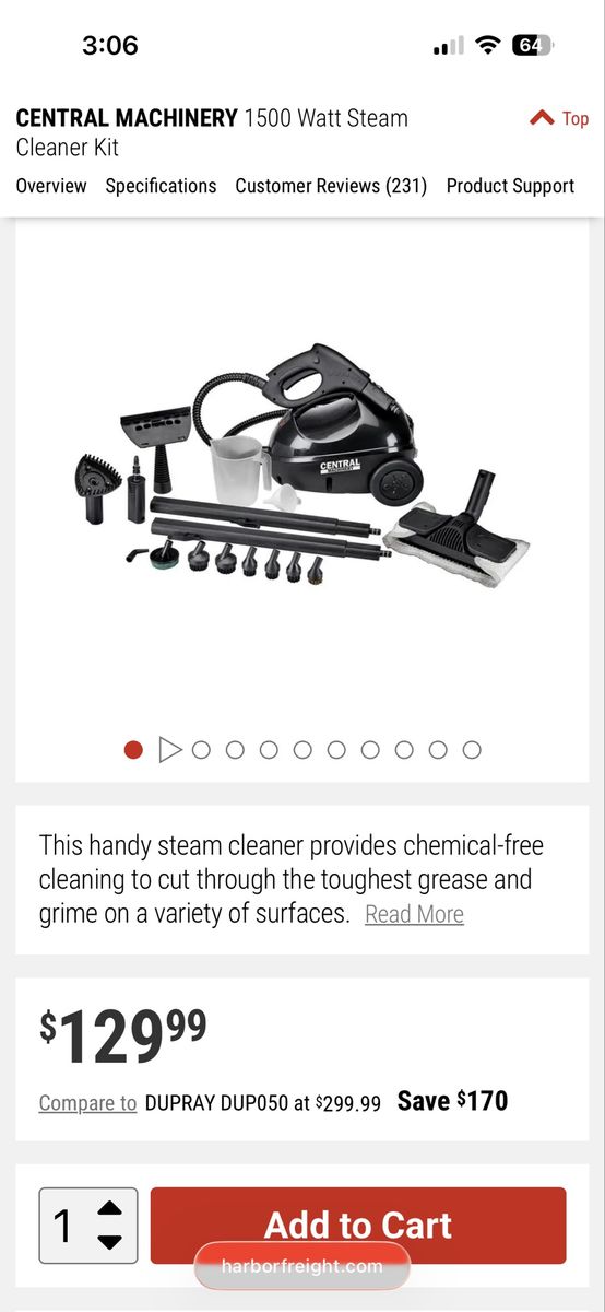 Near-new, Central Machinery 1500 Watt Steam Cleaner Kit - Chemical-Free Cleaning, Multi-Surface