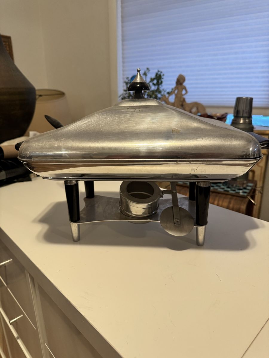 MCM Vintage Art Deco Chrome Chafing Dish Server with Lid and Sterno Holder
