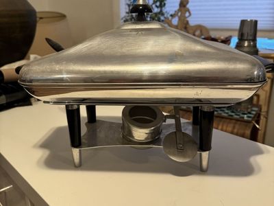 MCM Vintage Art Deco Chrome Chafing Dish Server with Lid and Sterno Holder