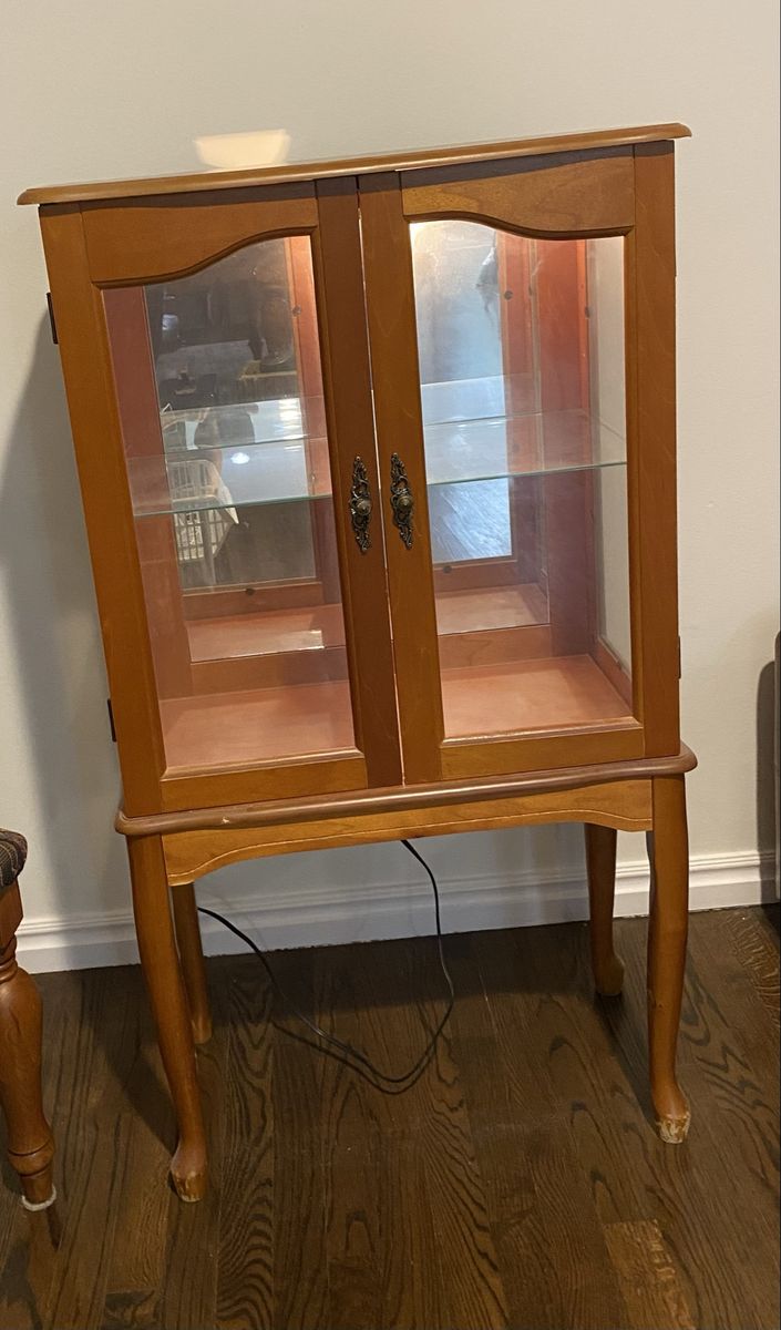 Vintage Corner Curio Display Cabinet with Glass Shelves & Lighting - Solid Wood