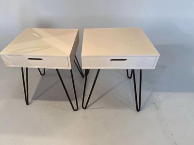 Set of Two Mid-Century Modern White Nightstands with Hairpin Legs