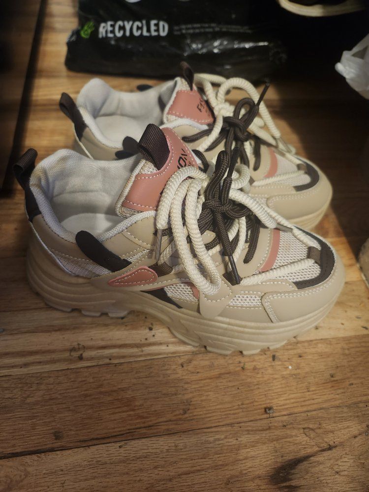 Girls' Fashion Sneakers Chunky Sole Beige/Pink/Brown.