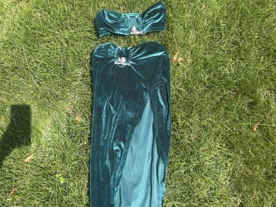 Teal Velvet Two-Piece Bandeau And High Slit Skirt