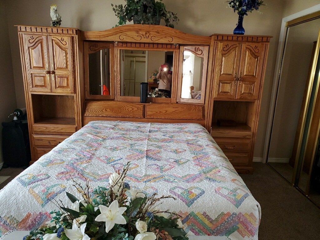 oak headboard and cabinets