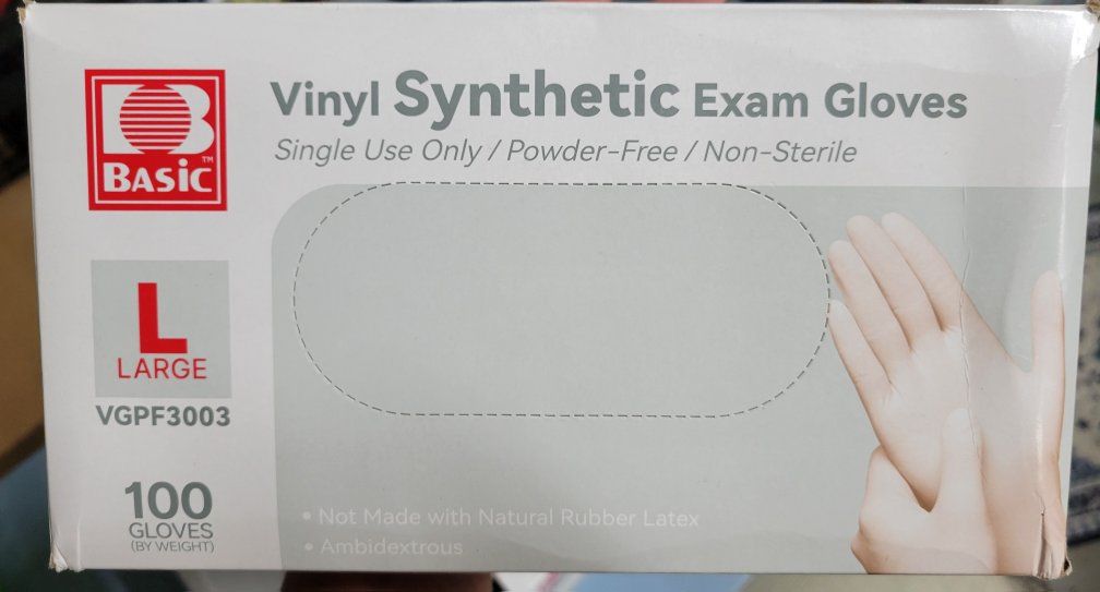NEW- Basic Vinyl Exam Gloves Large 100pk Powder-Free