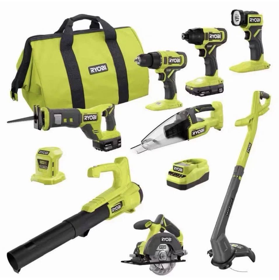 RYOBI ONE+ 18V Cordless 9-Tool Combo Kit with 1.5 Ah Battery, 4.0 Ah Battery, Charger, and Tool Bag