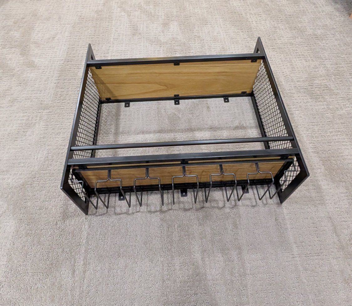 Industrial Style Metal & Wood Wall Mounted Wine Rack & Stemware Holder - 2-Tier Storage